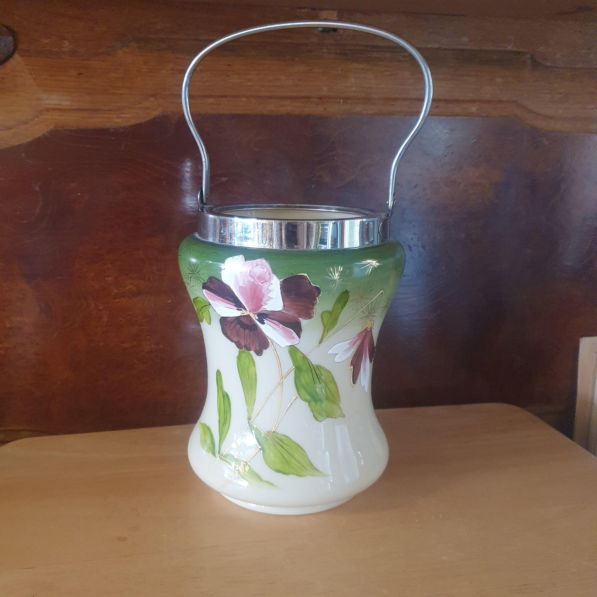 Antik Håndmalet Opaline Glaskrukke med Hank – Ideel som Vase, ca. 1900