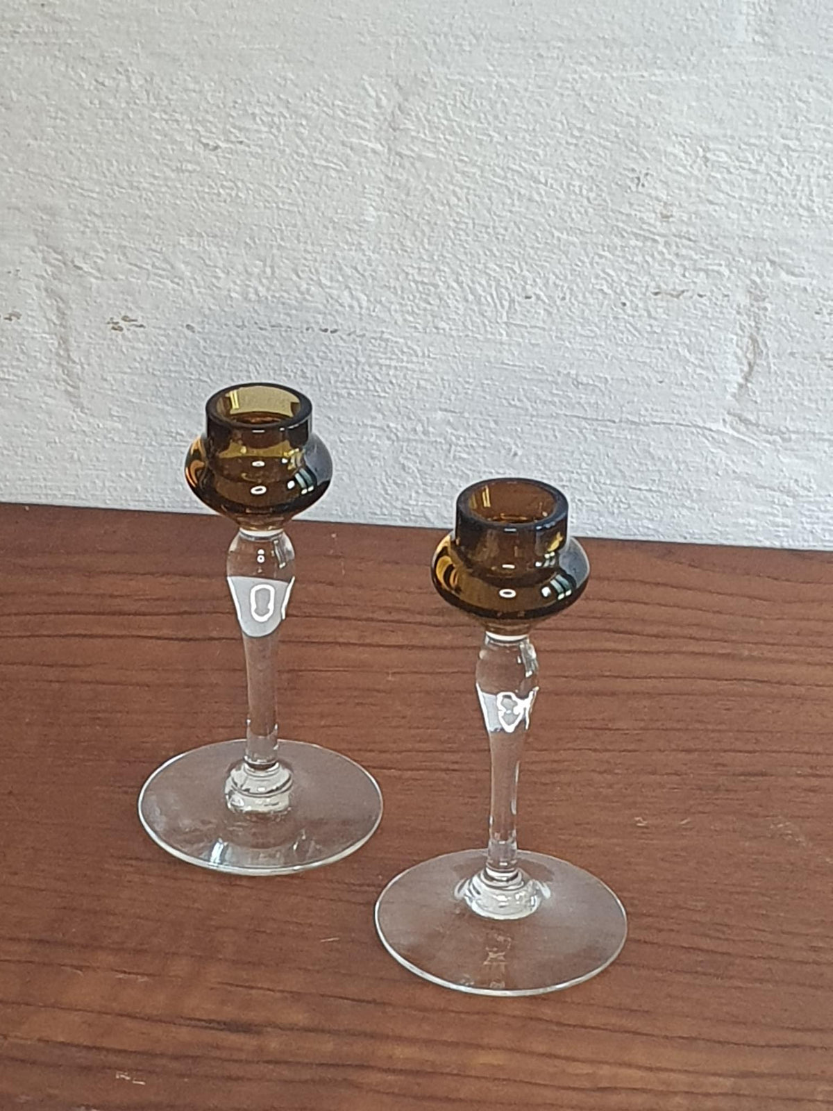 Vintage Eneryda Glasbruk Lysestager i Ravgul og Klart Glas – Sæt af 2