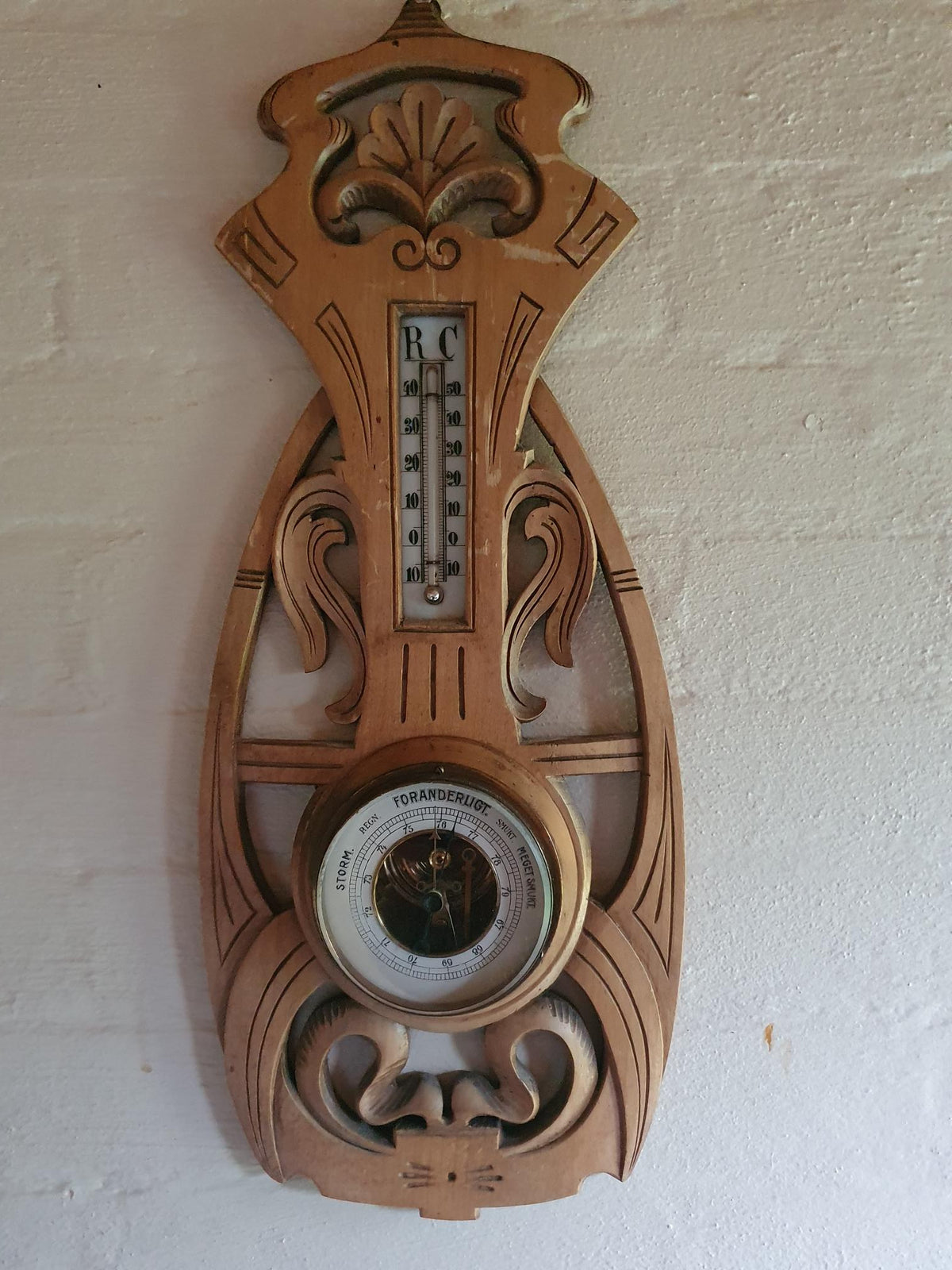 Antikt Art Nouveau Vægbarometer m. Réaumur Termometer – Ca. 1900
